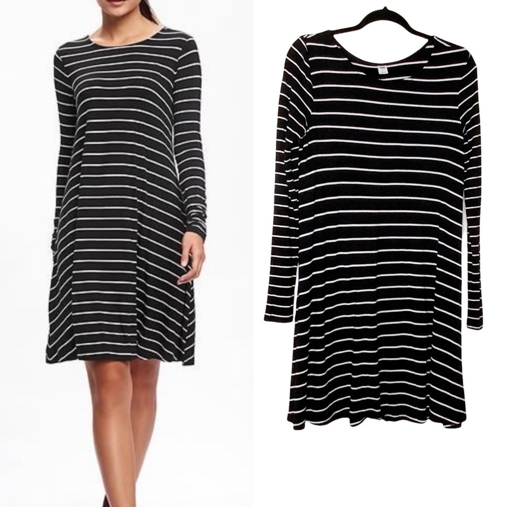 Old NAVY black striped shift dress. Long sleeves/ Size M - Picture 1 of 7